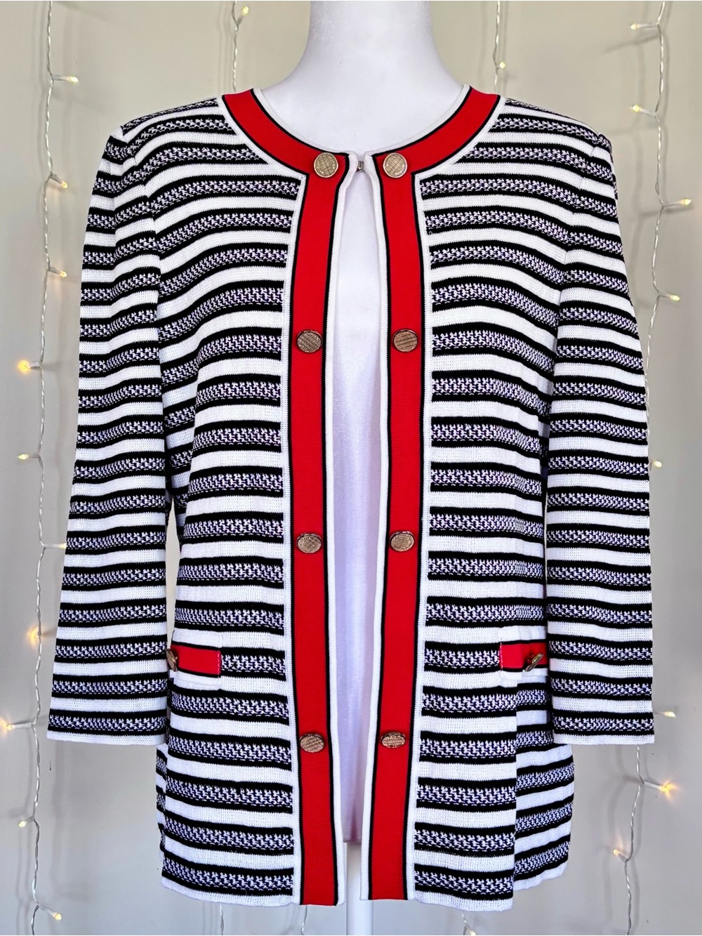 MISOOK Striped Knit Jacket Cardigan Red Black White Mod Gold Accents